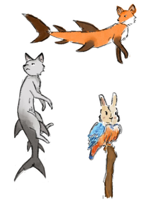 Based on a story I invented. Character design (faces and half-figures) + animal studies. For the animal studies: idea of mixing different animals for a fantasy story.
