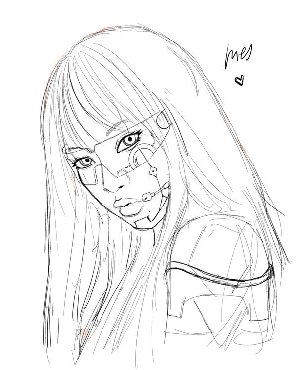 Sketch I made of my OC Ines Melo, an idol, of the roleplay game Cyberpunk Red.
