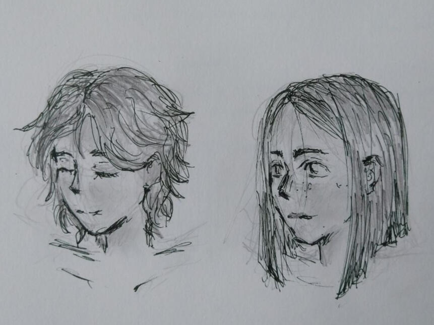 Based on a story I invented. Character design (faces and half-figures) + animal studies. For the animal studies: idea of mixing different animals for a fantasy story.